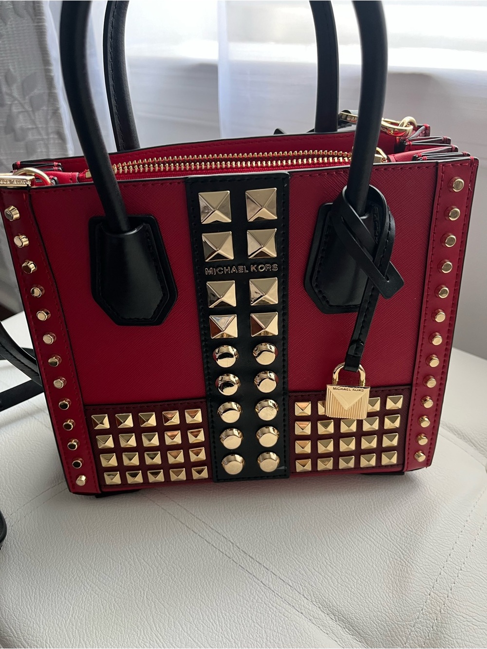 Michael Kors Mercer Gold Studded Red Crossbody Satchel
